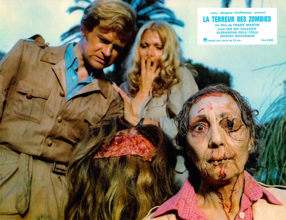 Ian McCulloch and Alexandra Delli Coll encounter zombiesi in Zombie Holocaust (1980)