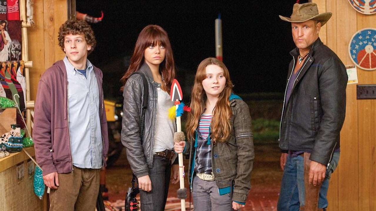 Character line-up - Woody Harrelson, Emma Stone, Abigail Breslin, Jesse Eisenberg in Zombieland (2009)