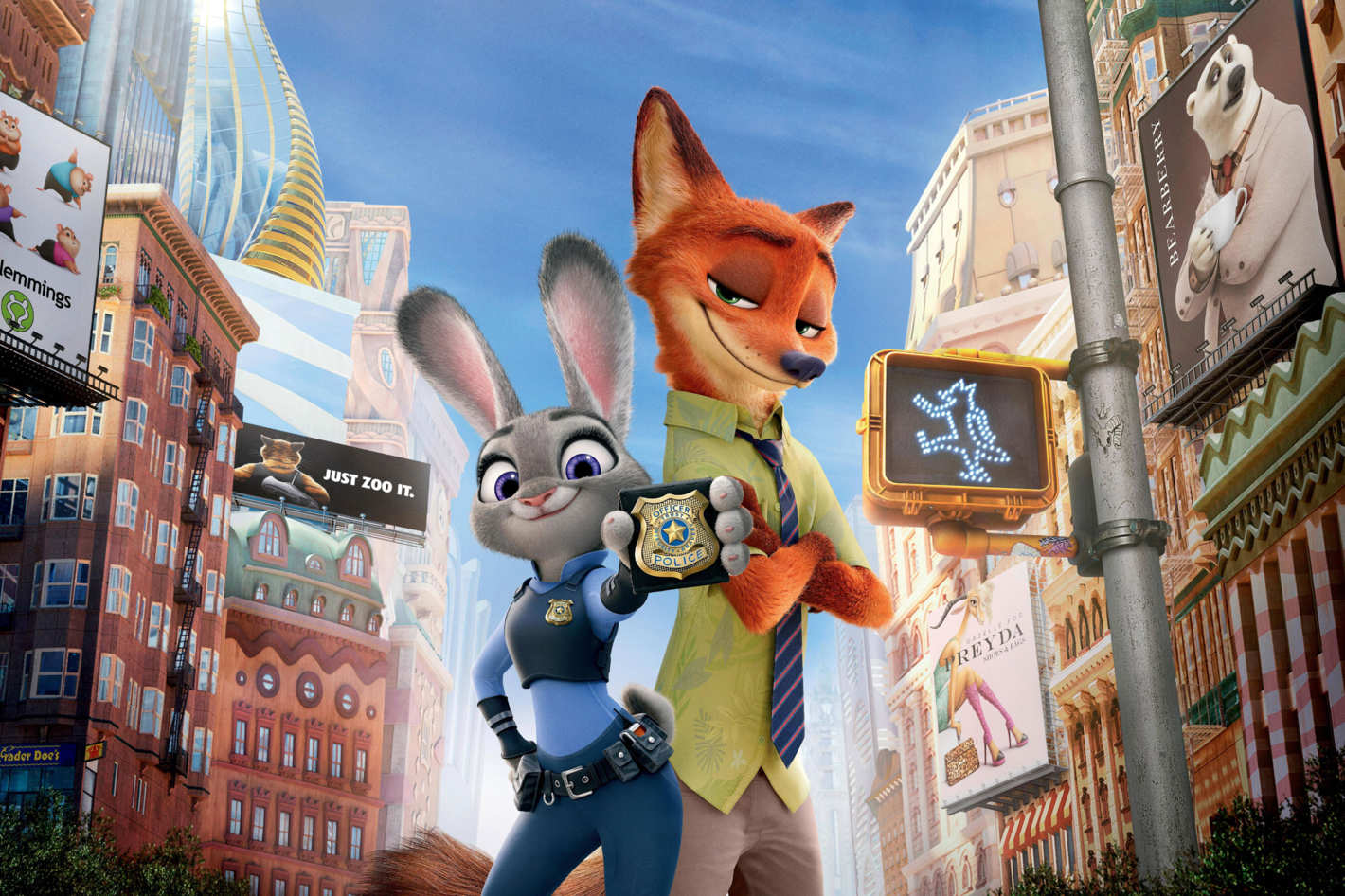 Officer Judy Hopps (voiced by Ginnifer Goodwin) and fox confidence trickster Nick Wilde (voiced by Jason Bateman) in Zootopia (2016)