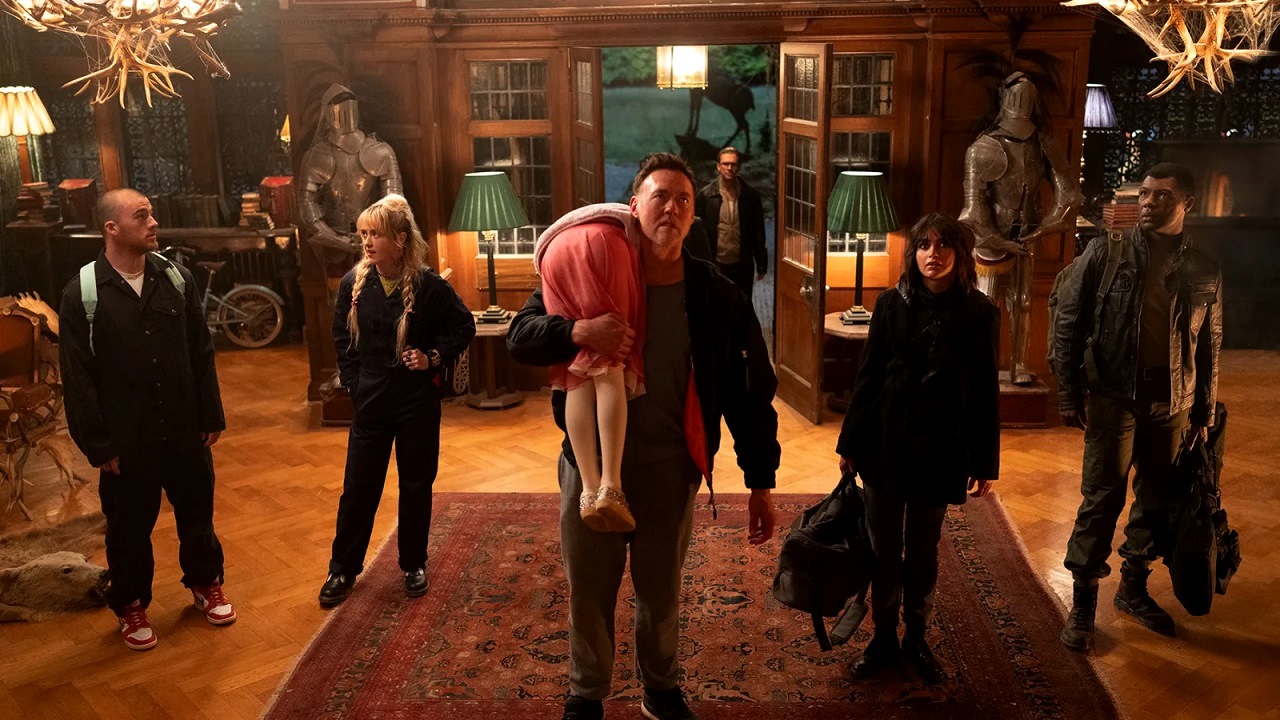 Angus Cloud, Kathryn Newton, Kevin Durand, Melissa Barrera, Will Catlett and Dan Stevens arrive at the mansion in Abigail (2024)