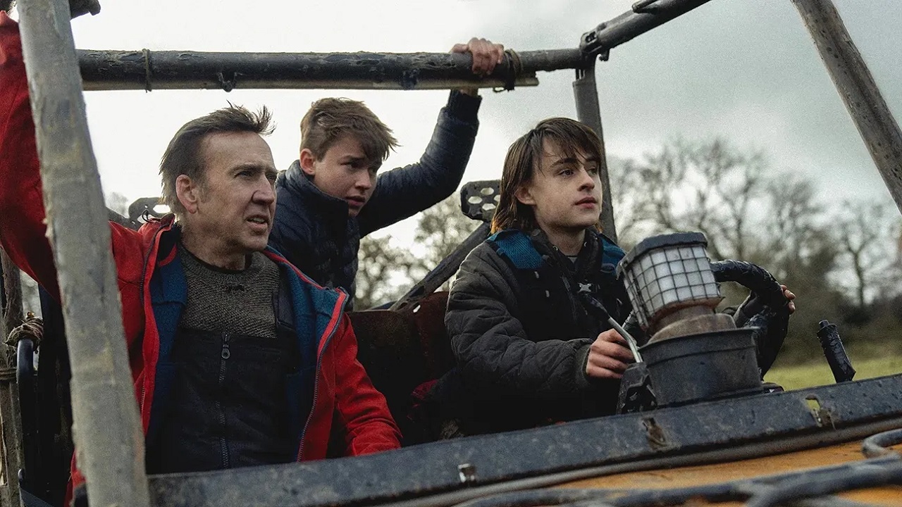 Nicolas Cage with sons Maxwell Jenkins and Jaeden Martell in Arcadian (2024)