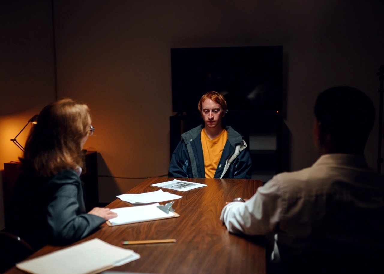 Gareth (Franklin Ritch) interviewed by agents Sinda Nichols and David Girard in The Artifice Girl (2022)