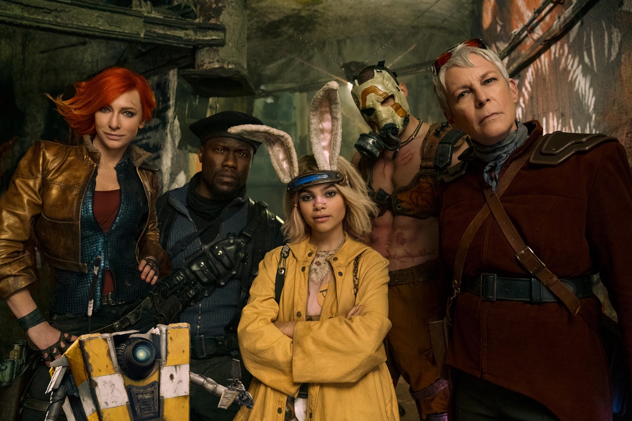 Lilith (Cate Blanchett), Roland (Kevin Hart), Tiny Tina (Ariana Greenblatt), Krieg (Florian Munteanu) and Tannis (Jamie Lee Curtis) in Borderlands (2024)