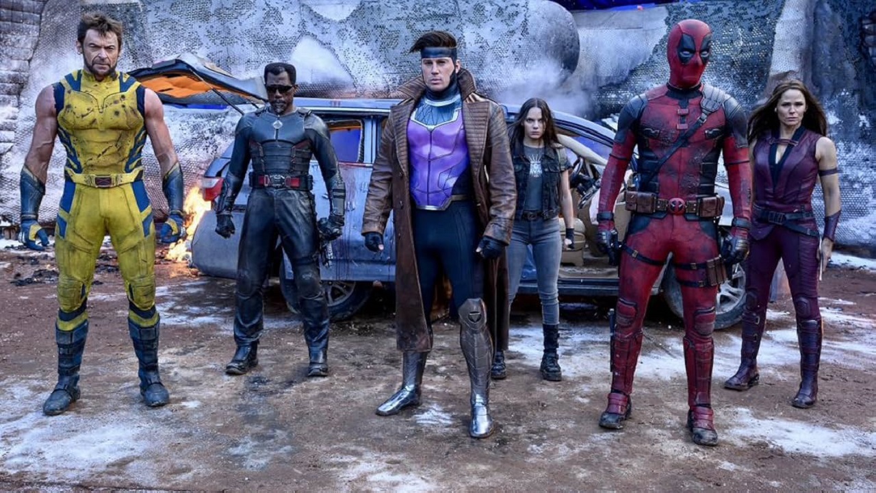 Wolverine (Hugh Jackman), Blade (Wesley Snipes), Gambit (Channing Tatum), Laura (Dafne Keen), Deadpool (Ryan Reynolds) and Elektra (Jennifer Garner) in Deadpool & Wolverine (2024)