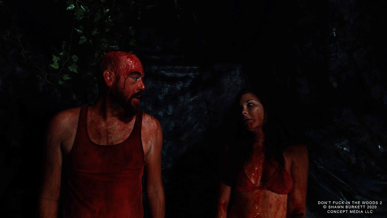 A gore-drenched Cheyenne Gordon and Brittany Blanton in Don't Fuck in the Woods 2 (2022)