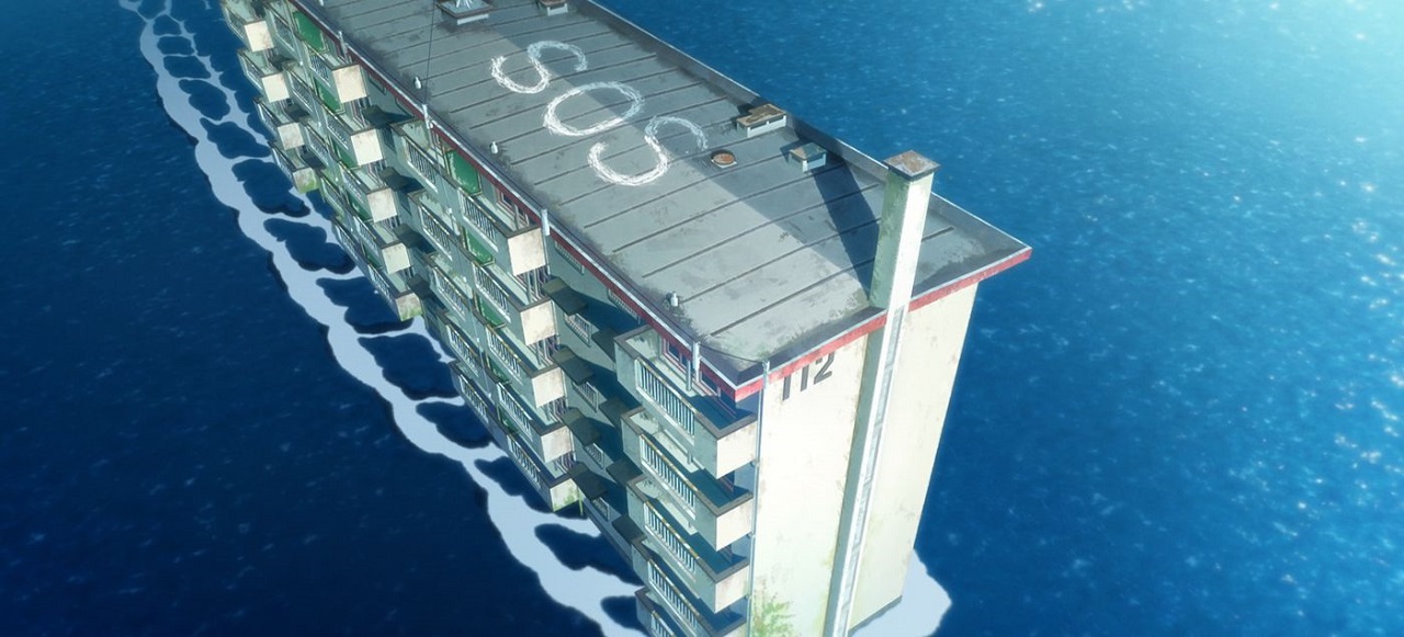 The apartment building adrift at sea  in Drifting Home (2022)