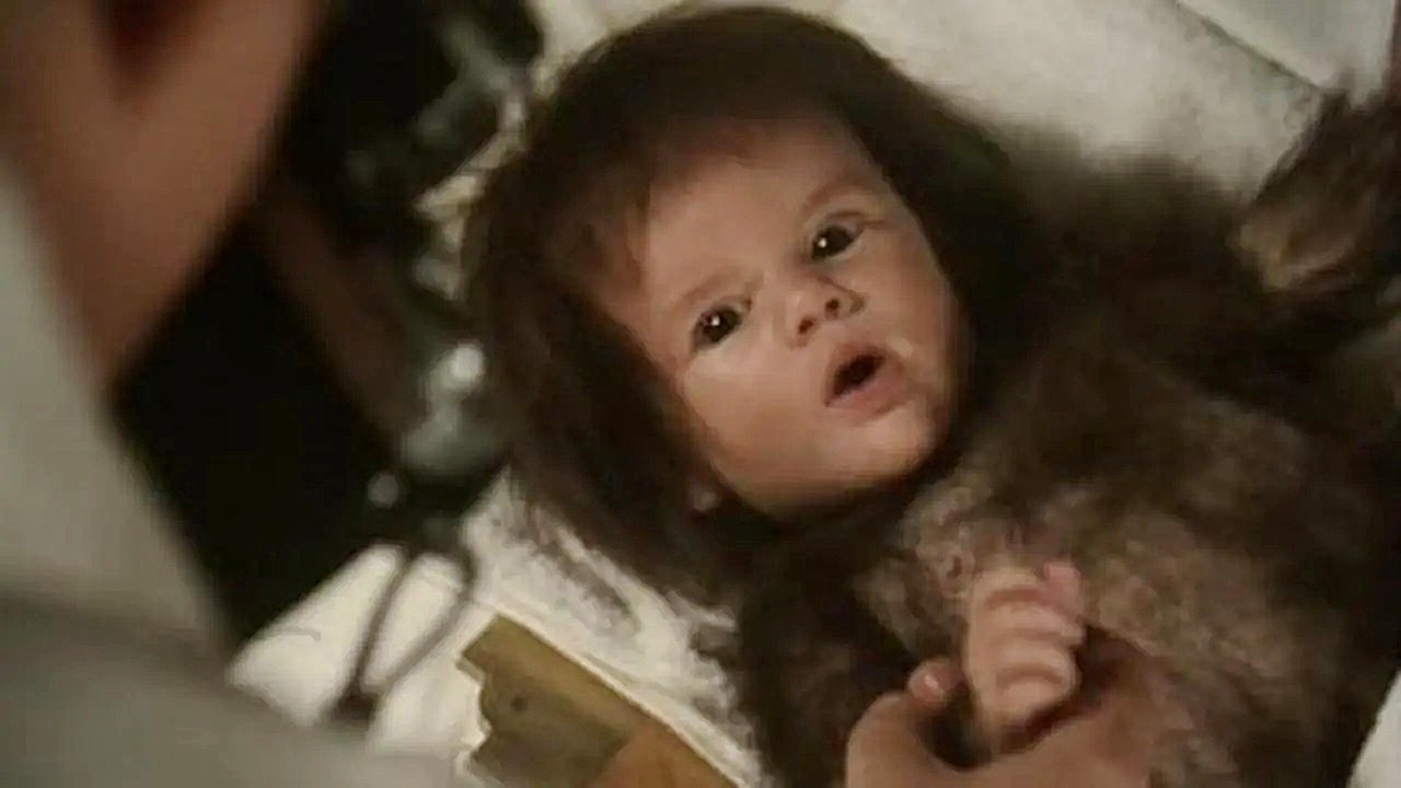 The gorilla hybrid child in First Born (1988)