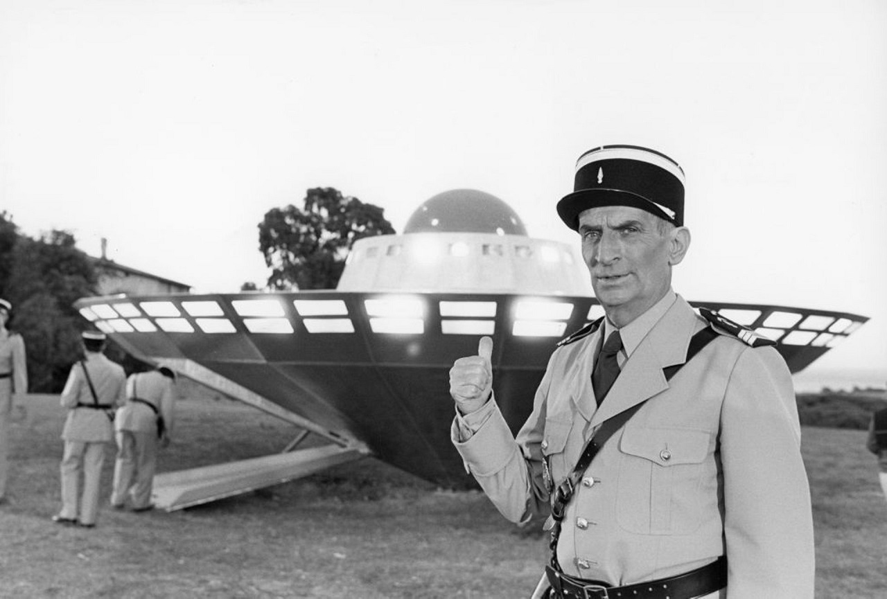 Cruchot (Louis de Funes) in front of the UFO in The Gendarme and the Extra-Terrestrials (1978)