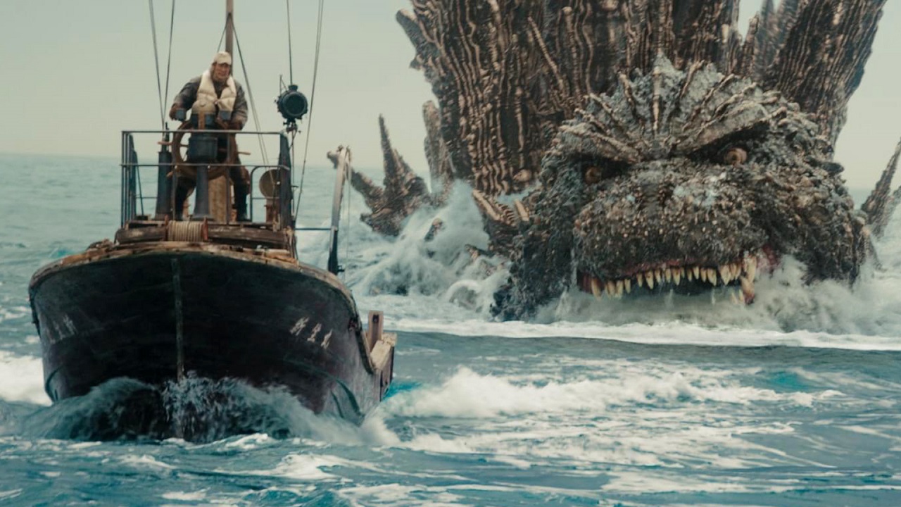 Godzilla rises in the bay in Godzilla Minus One (2023)
