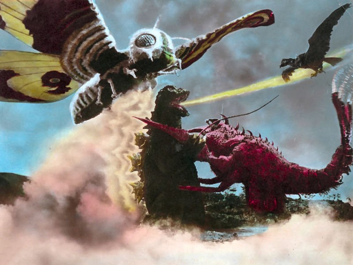 Mothra, Godzilla and Rodan battle the crab monster Ebirah in Godzilla vs th...
