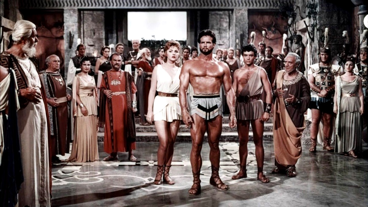 Iole (Sylva Koscina), Hercules (Steve Reeves) and Ulysses (Gabriele Antonini)