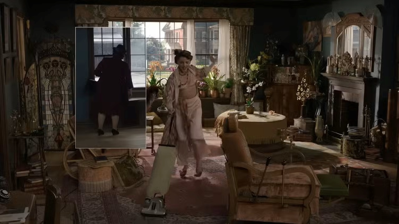 Panels onto different periods of the house in Here (2024)