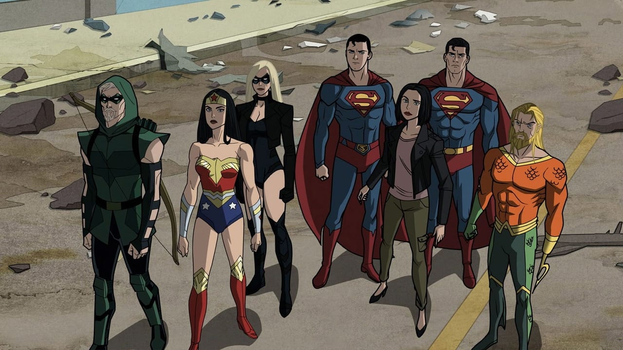 Green Arrow, Wonder Woman, Black Canary, two Supermans, Lois Lane and Aquaman in Justice League: Crisis on Infinite Earths Part Three (2024)