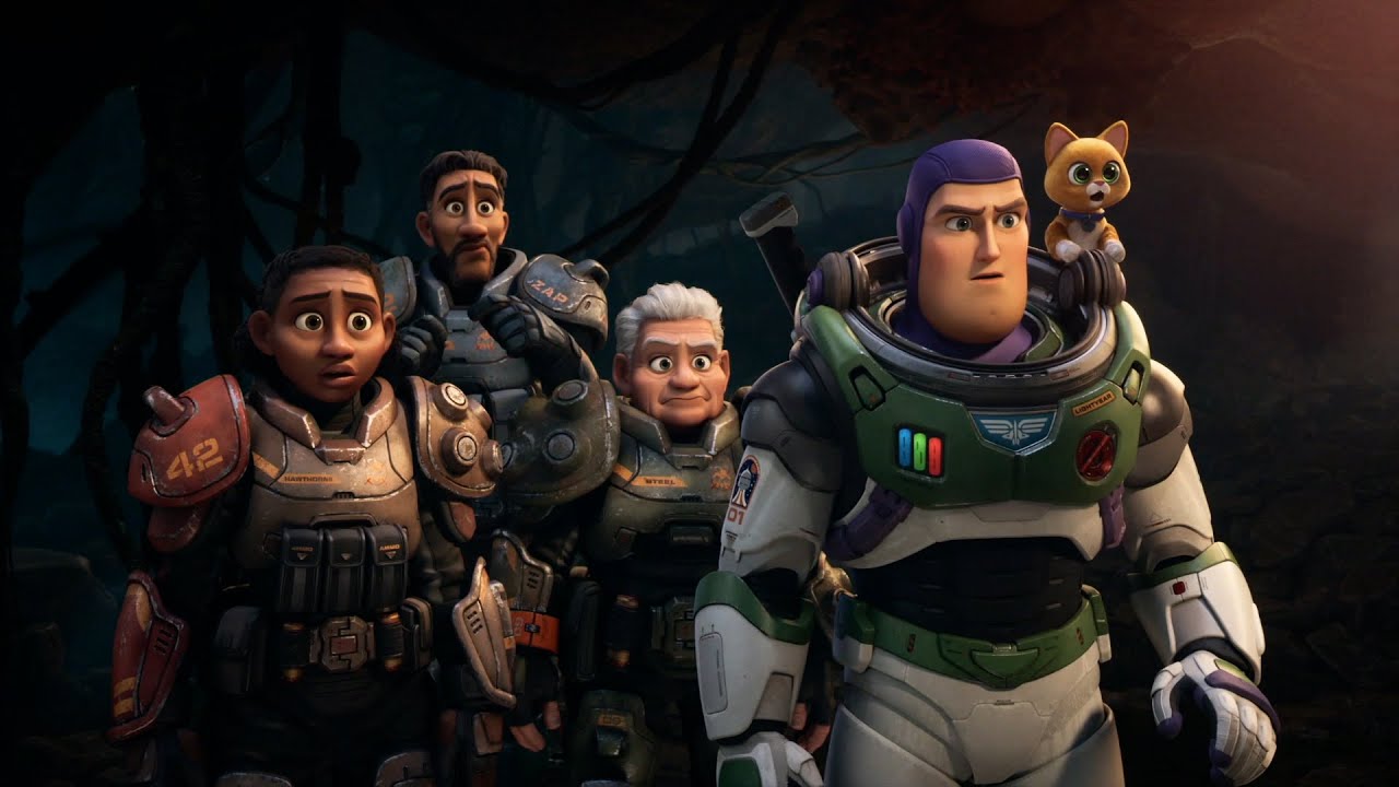 Izzy Hawthorne (Keke Palmer), Mo Morrison (Taika Waititi), Darby Steel (Dale Soules), Buzz Lightyear (Chris Evans) and Sox (Peter Sohn) in Lightyear (2022)