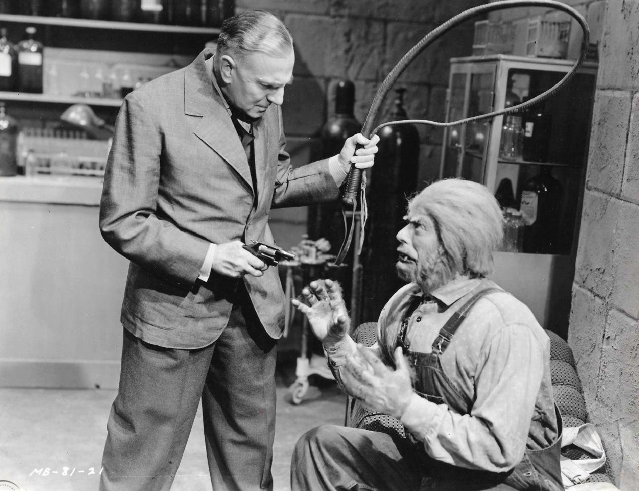 Mad scientist George Zucco and wolf man Glenn Strange in The Mad Monster (1942)
