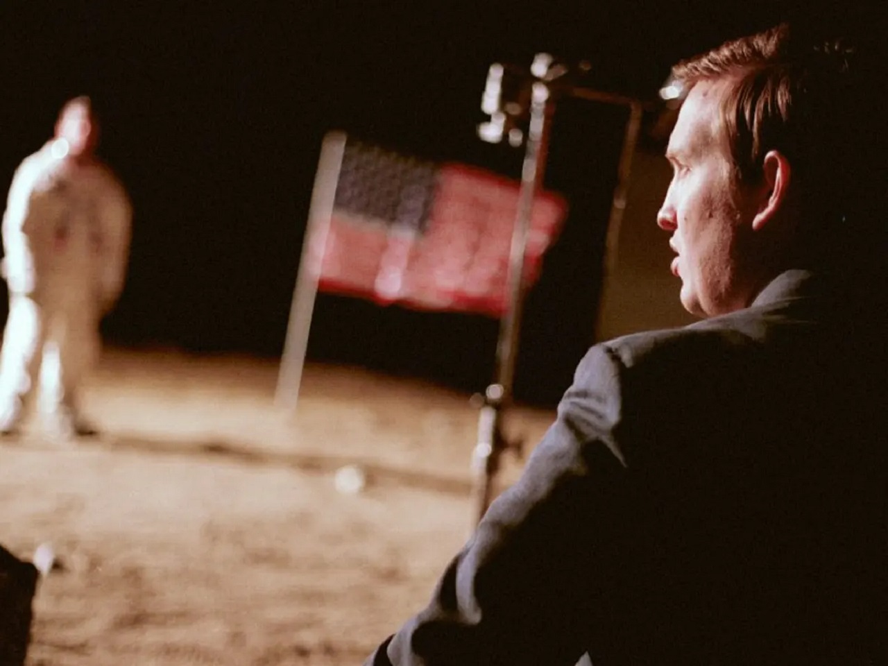 Matt Johnson faking the Moon Landing by tv in Operation Avalanche (2016)