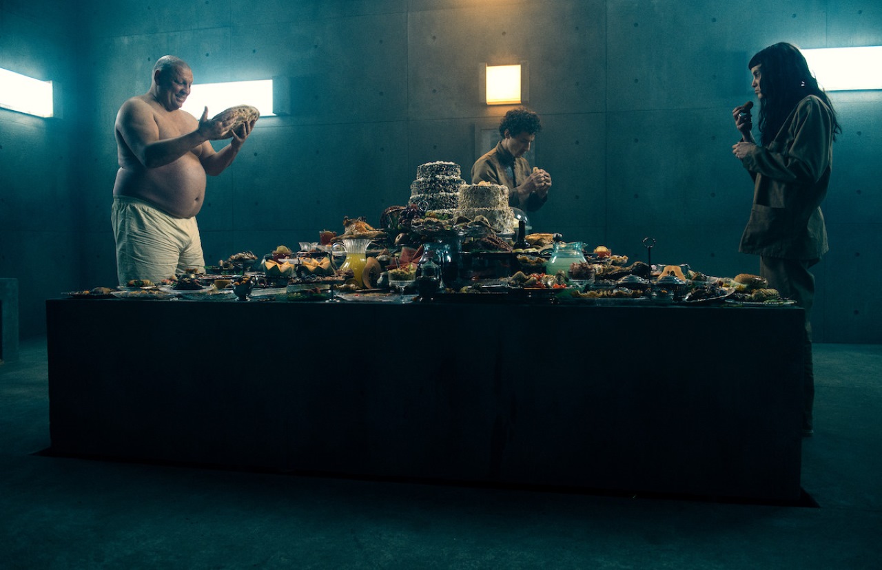 Hovik Keuchkerian, Bastien Ughetto and Milena Smit with banquet table in 