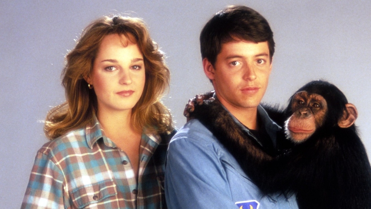 Helen Hunt and Matthew Broderick with Virgil the chimpanzee in Project X (1987)