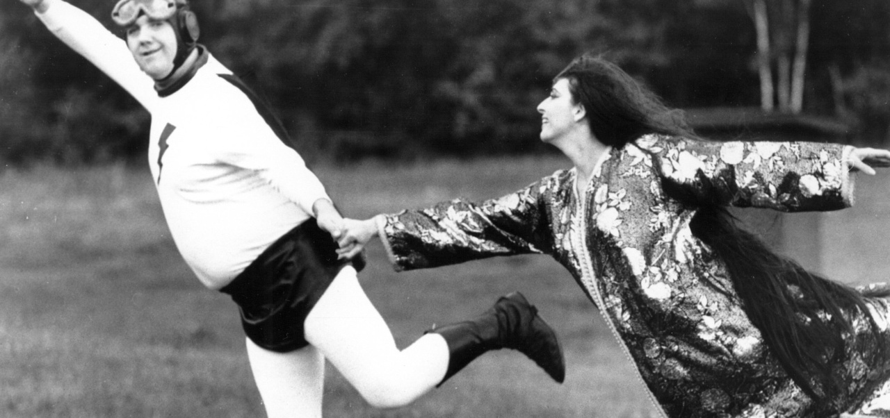 Captain Flash (Chuck McCann) and The Girl (Ina Balin) in The Projectionist (1971)