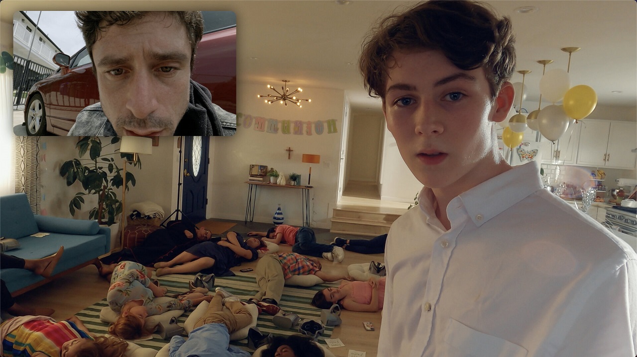 Father Dave Davis and son Julian Moser in a room filled with dead bodies in Resurrected (2023)