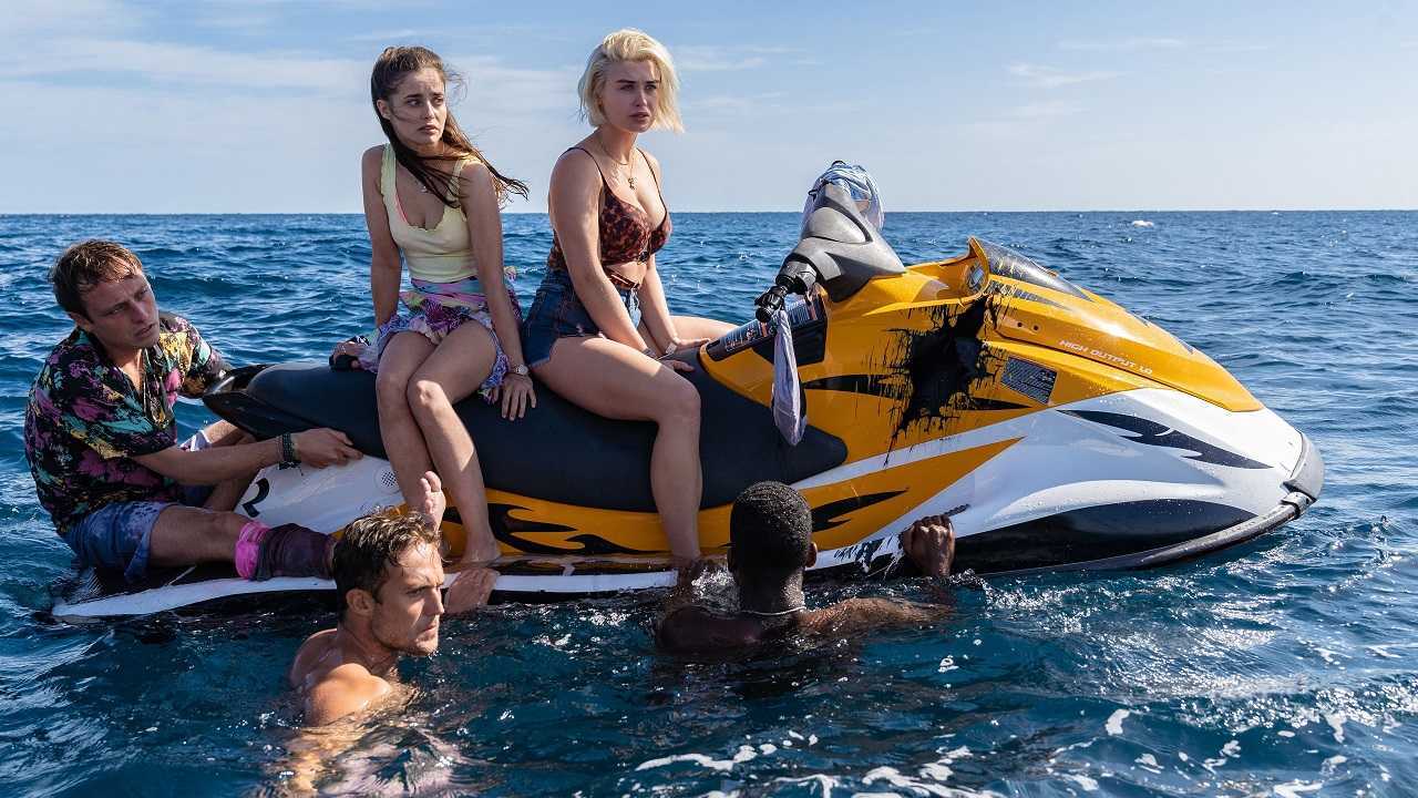Trapped on a water ski in shark infested waters - Thomas Flynn, Holly Earl, Catherine Hannay, Jack Trueman and Malachi Pullar-Latchman in Shark Bait (2022)