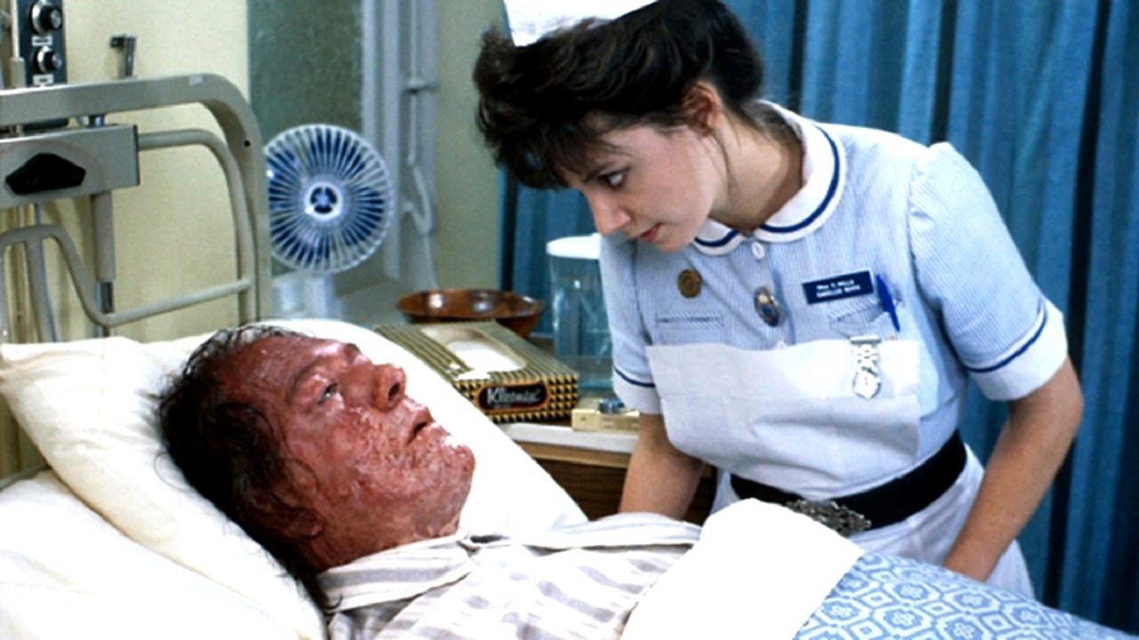 A bedridden Michael Gambon and nurse Joanne Whalley in The Singing Detective (1986)