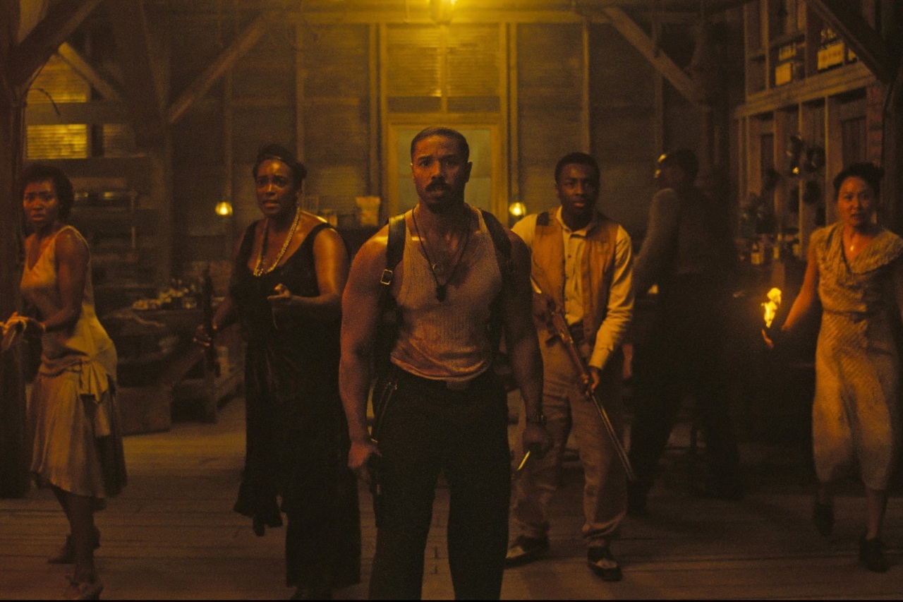 Jayme Lawson, Wunmi Mosaku, Michael B. Jordan, Miles Caton and Li Jun Li at siege from vampires in Sinners (2025)