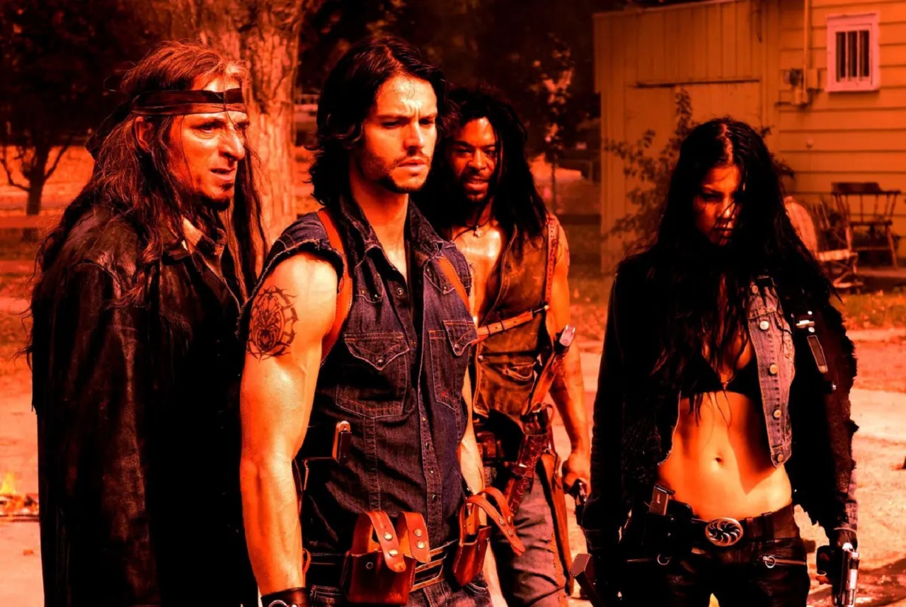 Werewolf bikers Kim Coates, Jason Behr, Rogue Johnston and Natassia Malthe in Skinwalkers (2006)