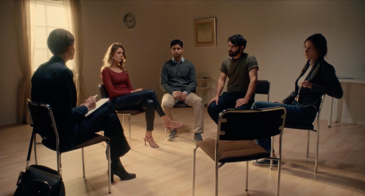 Lina Sunden, Athena (Natalie Katsarou), Hermes (Sandro Khafor), Ares (Georgandreas Kalaritis) and Aphrodite (Maria Karpathakis) in Support Group Olympus (2021)