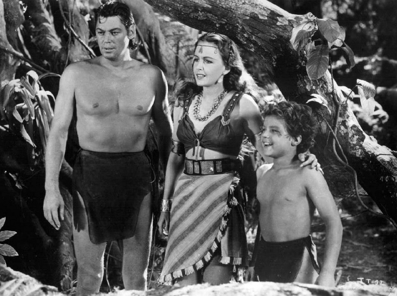 Tarzan (Johnny Weissmuller), Zandra (Frances Gifford) and Boy (Johnny Sheffield) in Tarzan Triumphs (1943)