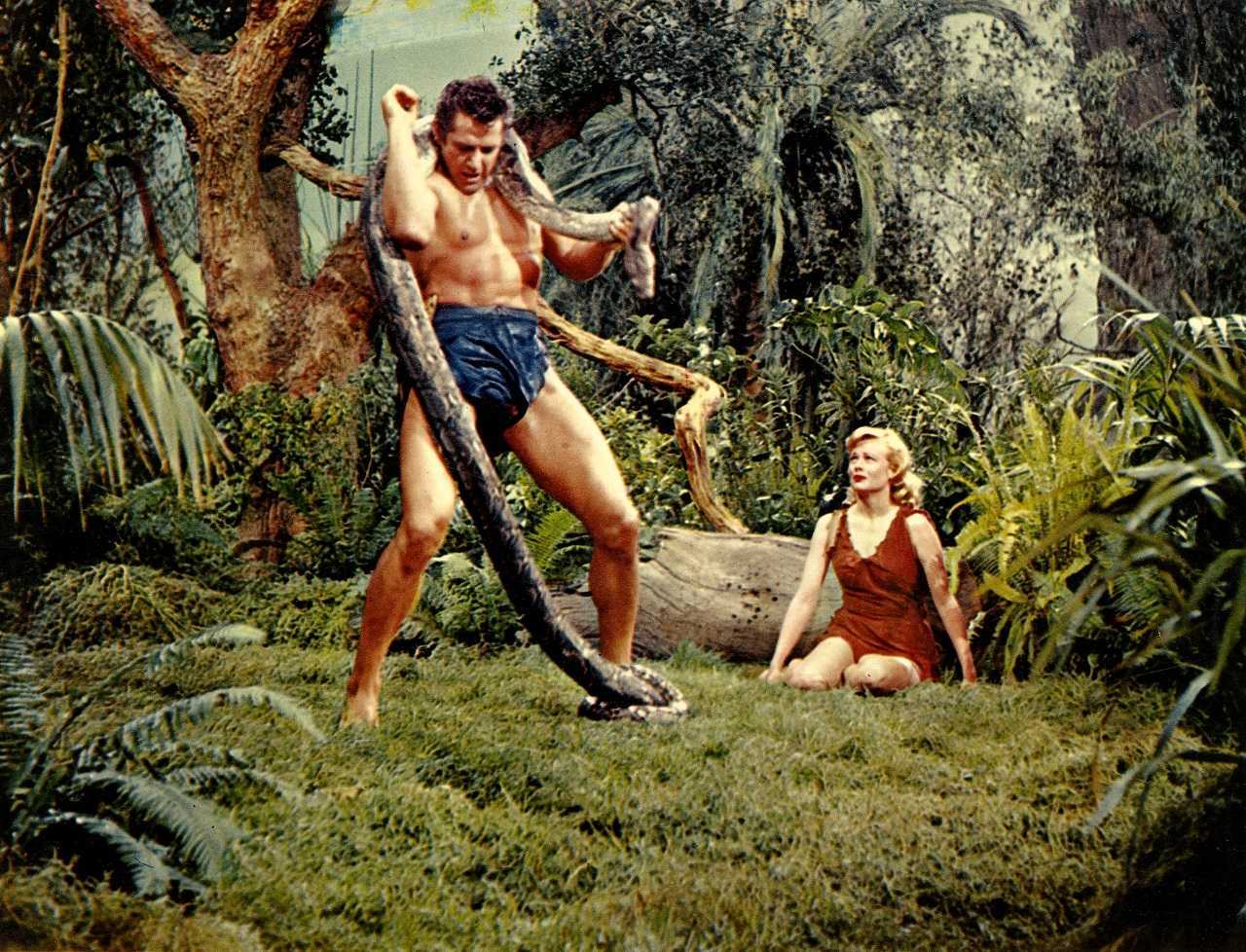 Tarzan (Gordon Scott) fights a snake as Jane (Eve Brent) looks on in Tarzan's Fight for Life (1958)