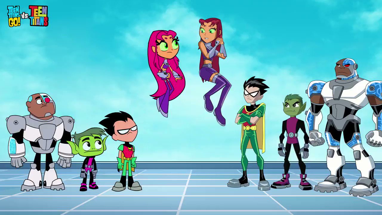 The Teen Titans Go vs their serious selves - Cyborg, Beast Boy, Robin and Starfire in Teen Titans Go! vs Teen Titans (2019)