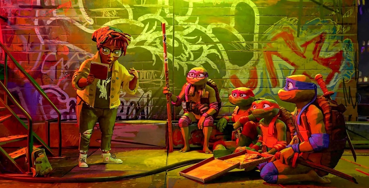 April O'Neill with Donatello, Raphael, Michelangelo and Leonardo in Teenage Mutant Ninja Turtles: Mutant Mayhem (2023)