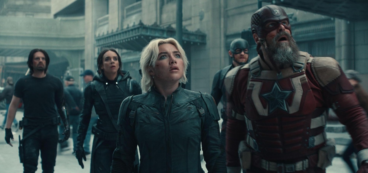Bucky Barnes (Sebastian Stan), Ava Starr (Hannah John-Kamen), Yelena Belova (Florence Pugh), John Walker (Wyatt Russell) and Alexei Shostakov (David Harbour) in Thunderbolts* (2025)
