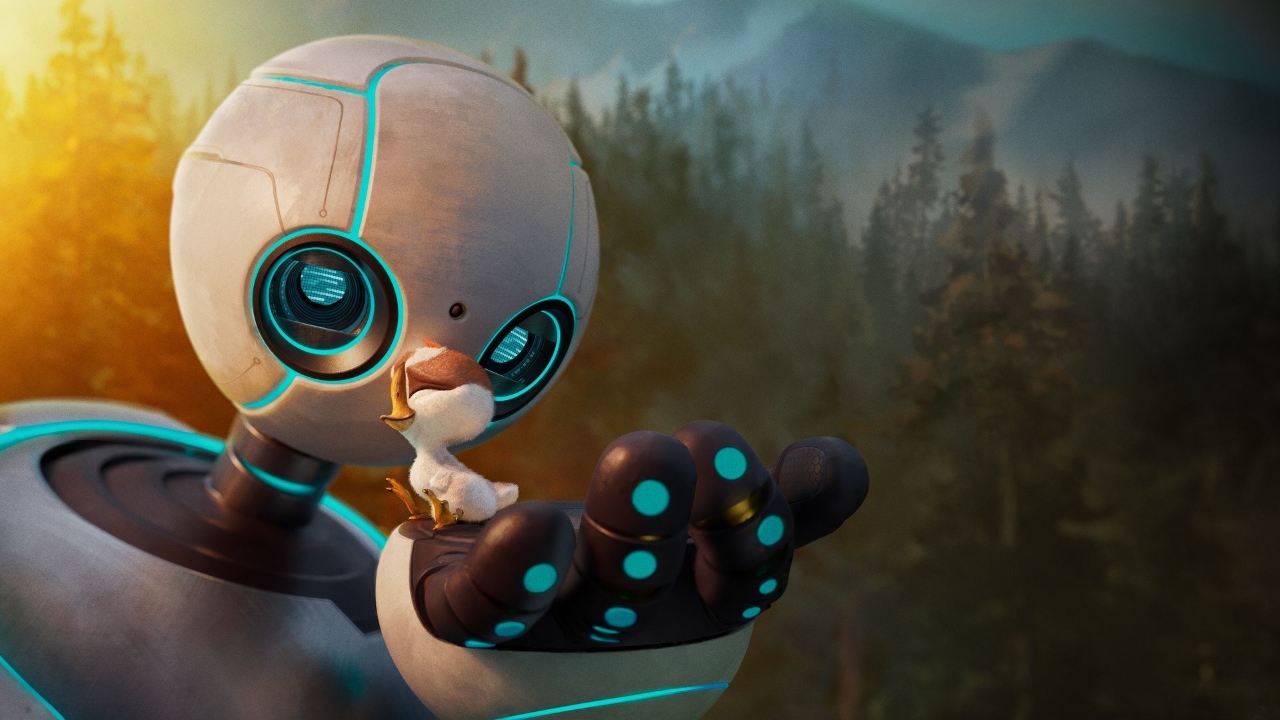 Roz and Brightbill the gosling in The Wild Robot (2024)