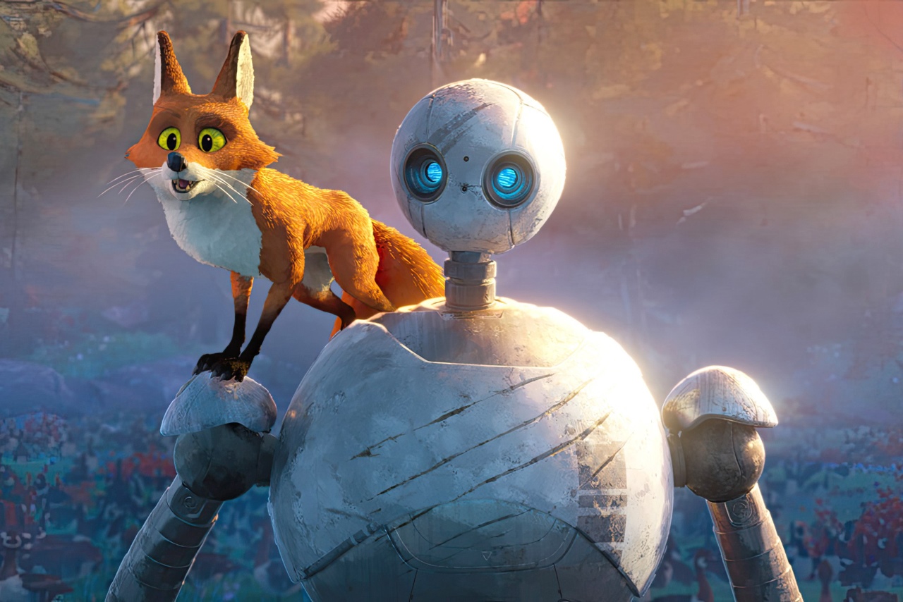 Roz and Fink the fox in The Wild Robot (2024)