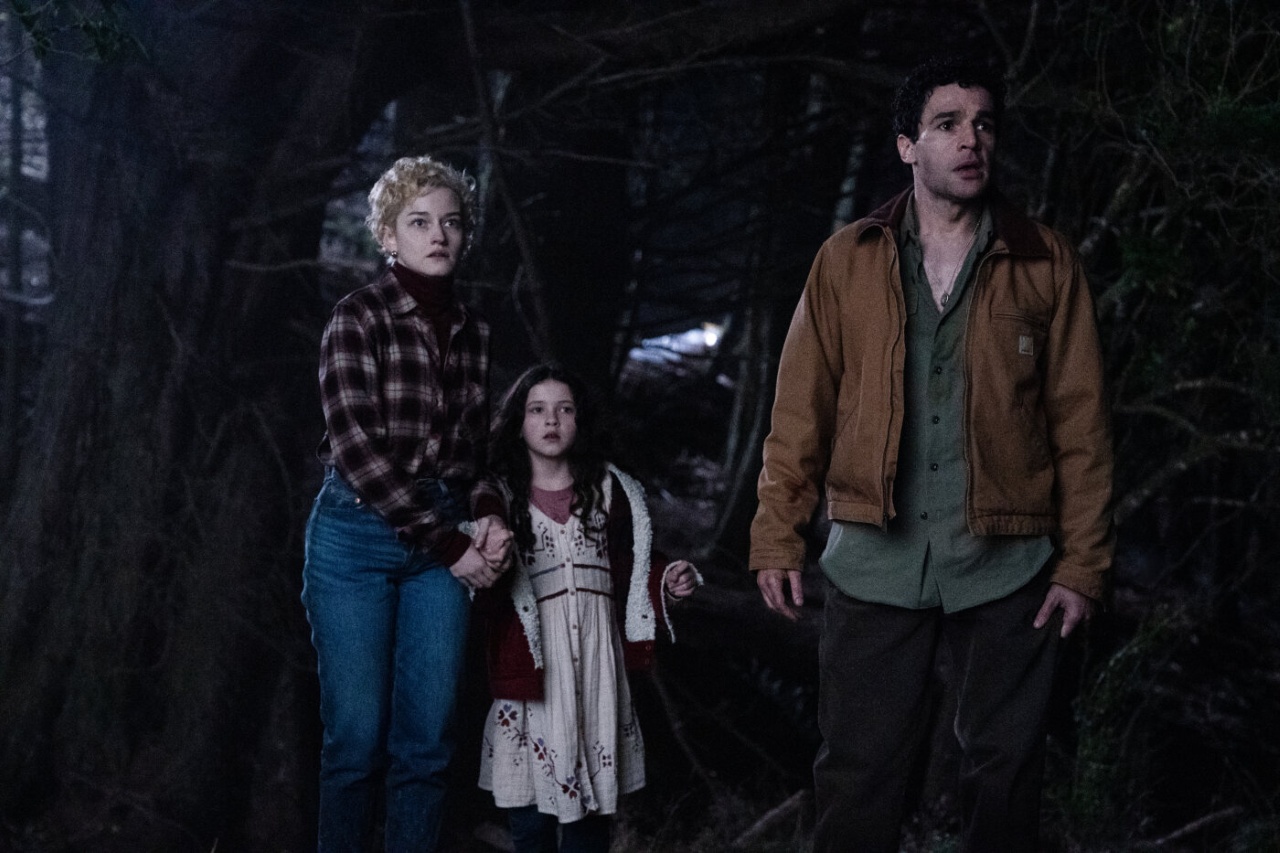Christopher Abbott, Julia Garner and Matilda Firth in Wolf Man (2025)