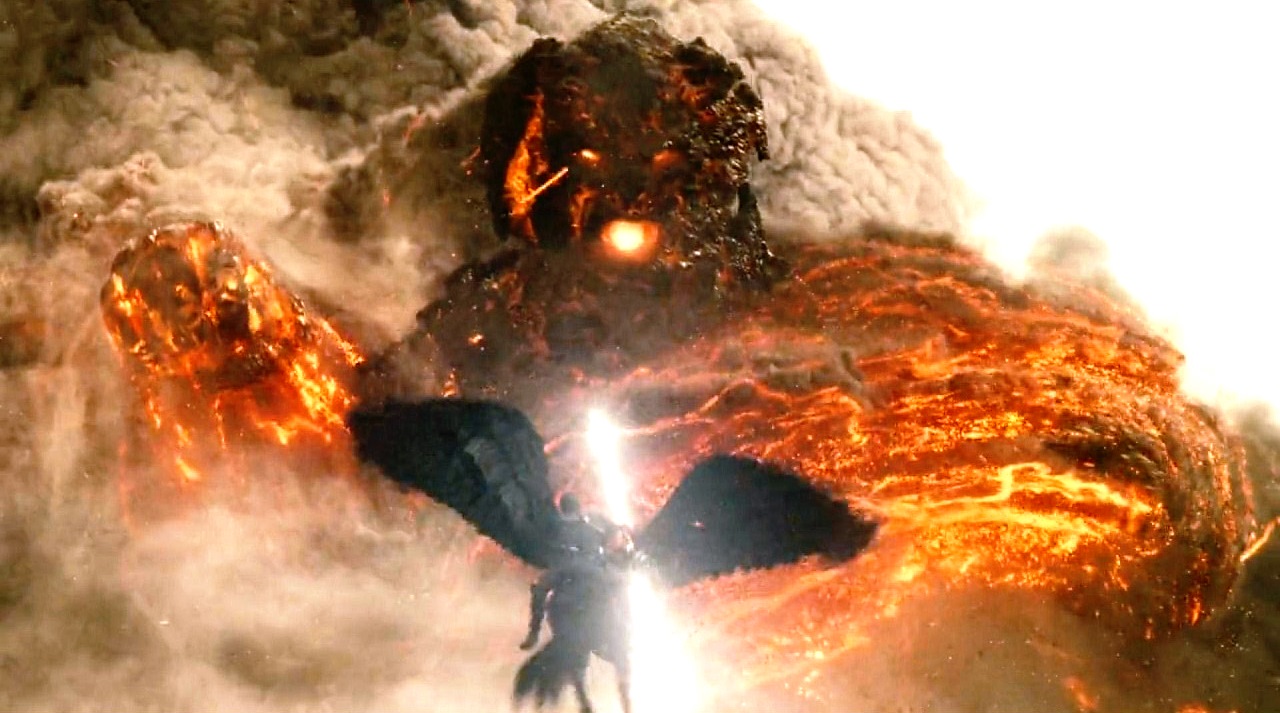 Perseus (Sam Worthington) flies up against the Titans on the pegasus in Wrath of the Titans (2012)