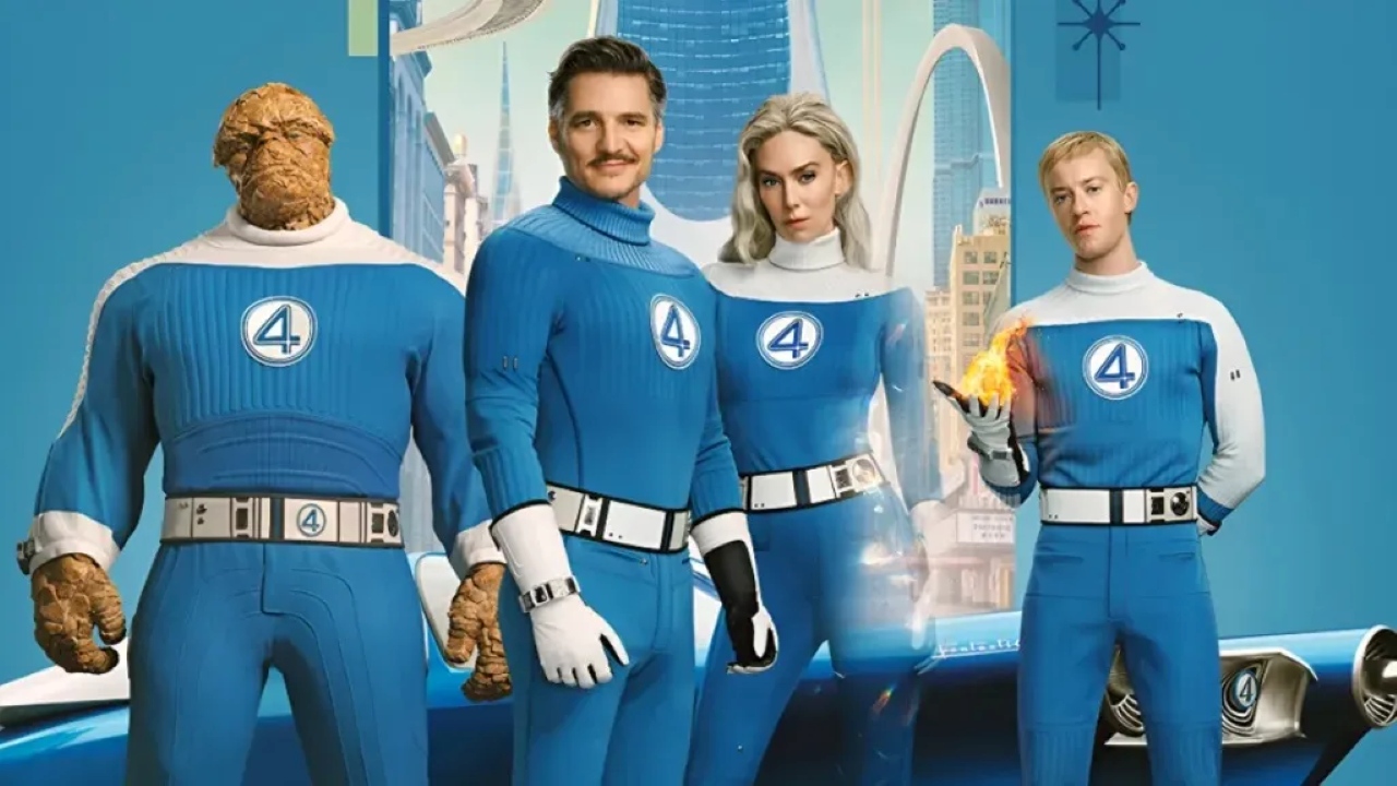 Ben Grimm (Ebon Moss-Bachrach), Reed Richards (Pedro Pascal), Sue Storm (Vanessa Kirby) and Johnny Storm (Joseph Quinn) in The Fantastic 4: First Steps (2025)