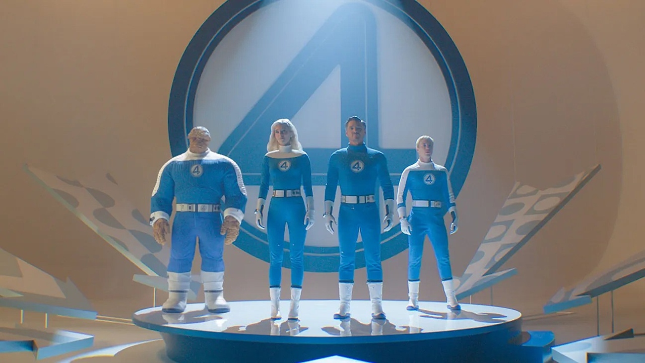Ben Grimm (Ebon Moss-Bachrach), Sue Storm (Vanessa Kirby), Reed Richards (Pedro Pascal) and Johnny Storm (Joseph Quinn) in The Fantastic 4: First Steps (2025)
