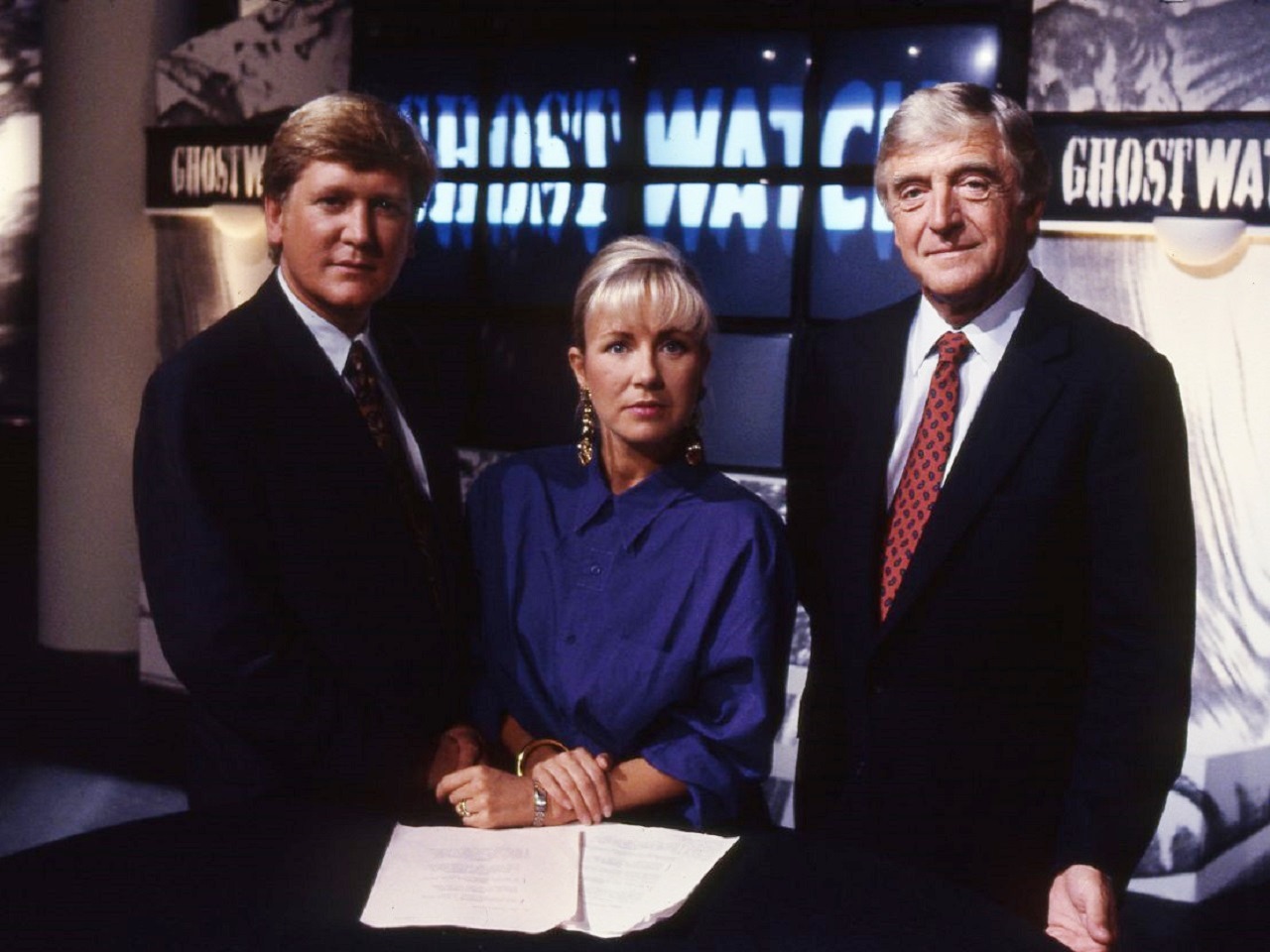 Presenters Mike Smith, Sarah Greene and Michael Parkinson in Ghostwatch (1992)