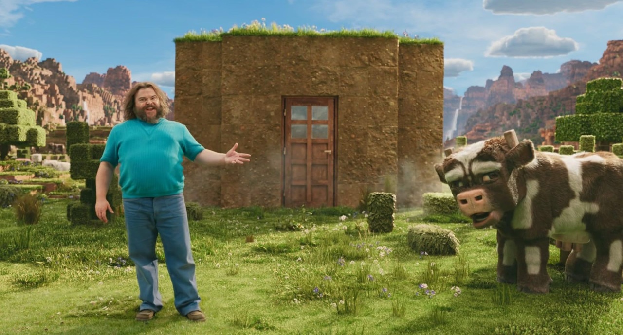 Jack Black in Overworld with block-shaped fauna in A Minecraft Movie (2025)