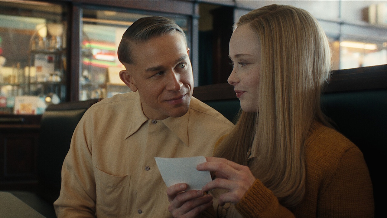 Ed Gein (Charlie Hunnam) and Adeline Watkins (Suzanna Son) in Monster: The Ed Gein Story (2025)