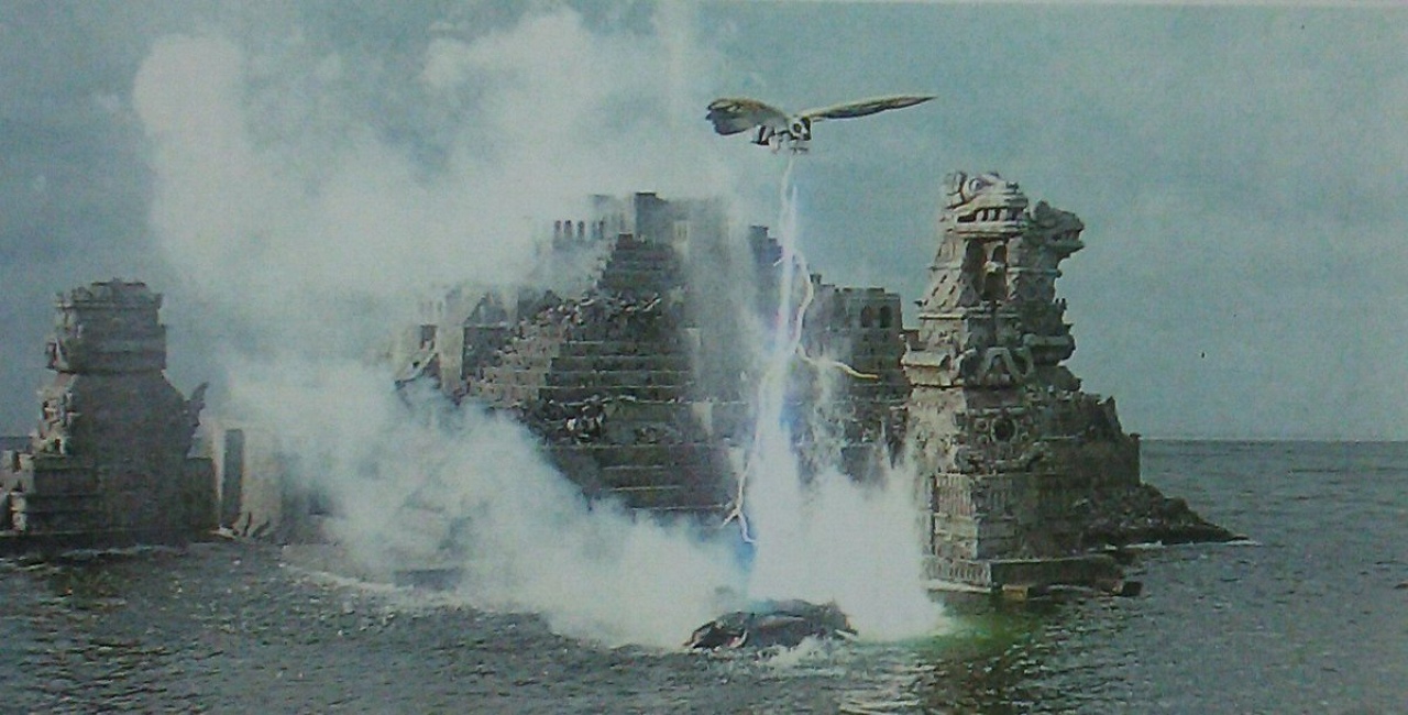 Mothra vs Dagahra over Ninai Kanai in Rebirth of Mothra II (1997)