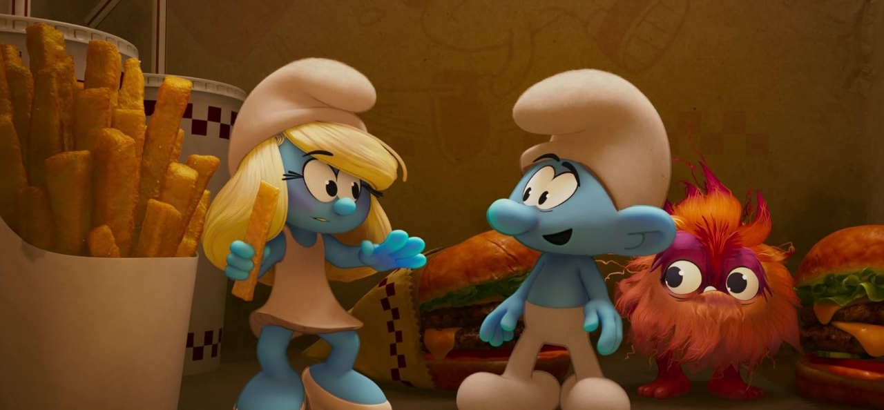 Smurfette (Rihanna) and No Name Smurf (James Corden) in Smurfs (2025)
