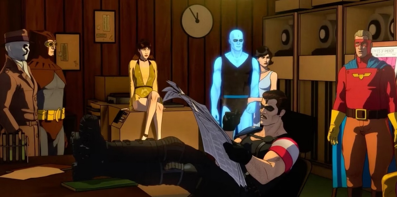 The Minute Men - Rorschach, Nite Owl, Sally Jupiter, Dr Manhattan, Laurie Juspeczyk, Captain Metropolis and The Comedian in Watchmen: Chapter I (2024)